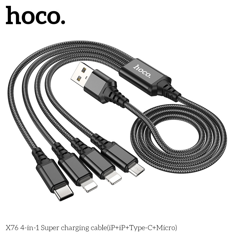 Dây cáp sạc 4 đầu 2A Hoco X76 dài 1m bọc dù siêu bền, dây sạc đa thiết bị hàng chính hãng Hoco Mall Official