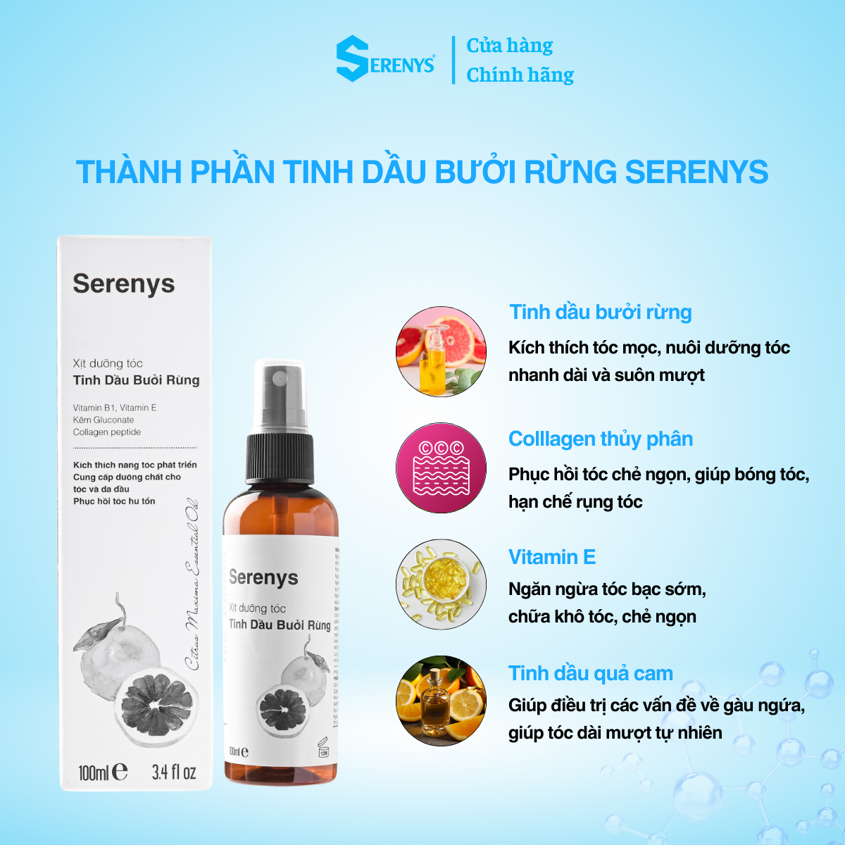 Từ Xịt tinh dầu bưởi rừng Serenys kích thích mọc tóc, giảm rụng tóc Serenys 100ml cho tóc dày và dài hơn gấp 2 lần