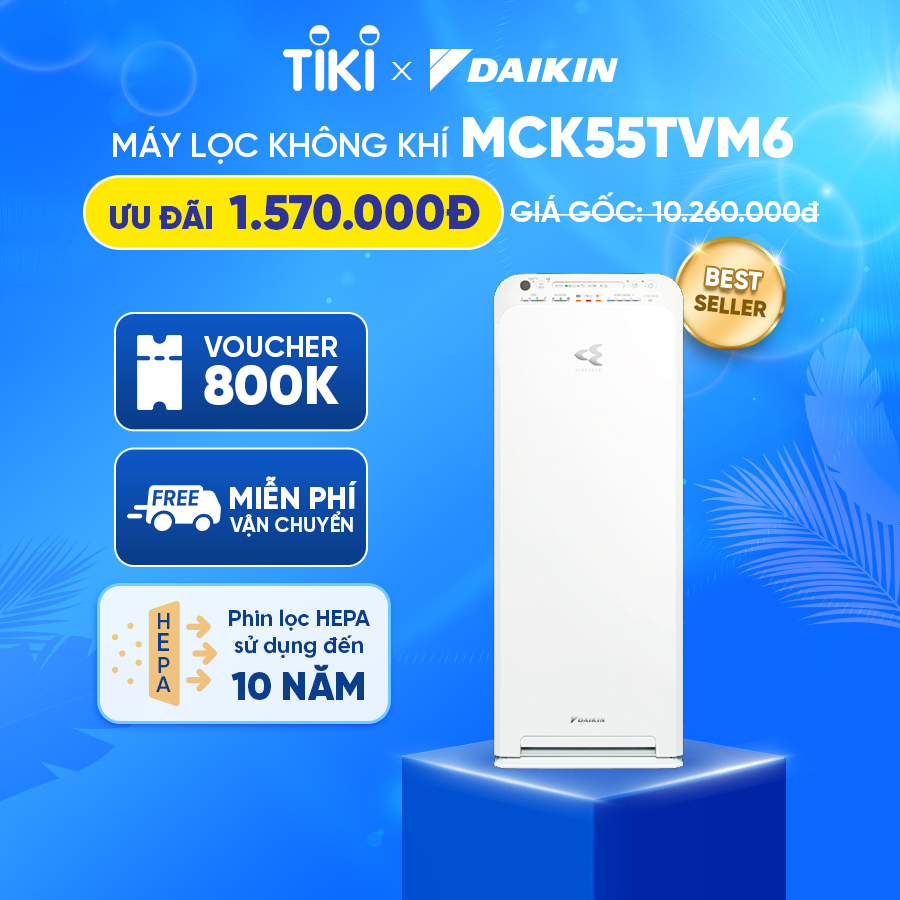 Máy Lọc không khí tạo ẩm Daikin MCK55TVM6 - Phù hợp phòng 41m2 - Công nghệ Streamer độc quyền - Phin lọc tĩnh điện Hepa - Hút gió 3 hướng - Vận hành êm ái - Thiết kế nhỏ gọn - Hàng chính hãng