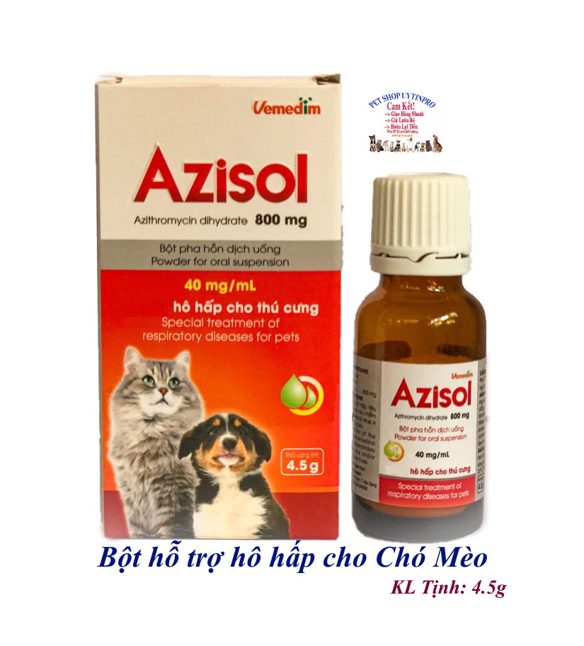 Bột hỗ trợ hô hấp sổ mũi cho Chó Mèo Vemedim Azisol Azithromycin dihydrate 800mg Chai 4.5g Sản xuất tại Việt Nam
