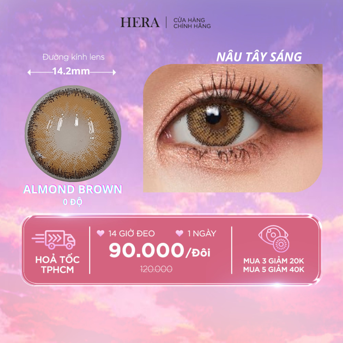 Kính Áp Tròng Hera Nâu Tây Sáng Không Độ ALMOND BROWN Nhập Khẩu Hàn Quốc Lens Không Cận 1 Ngày