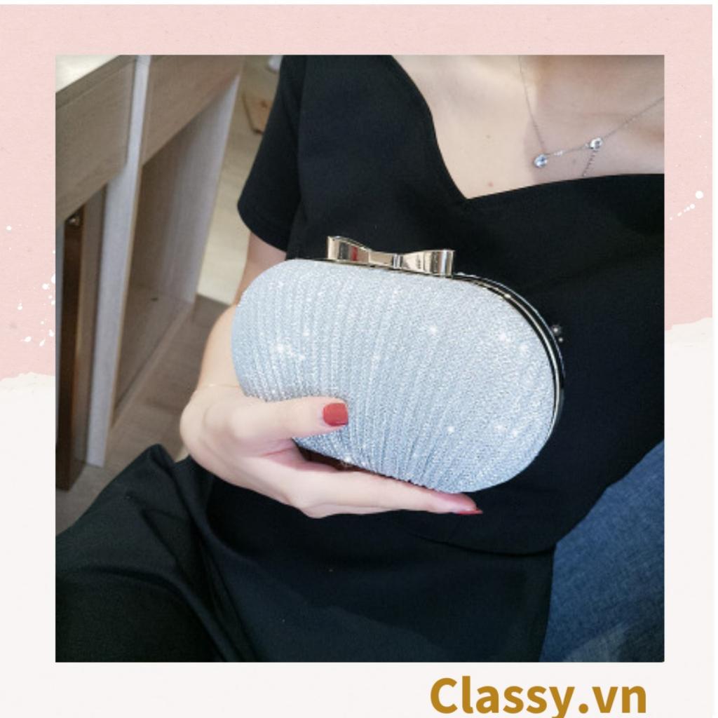 Clutch Classy cầm tay đi tiệc màu be hình bầu dục , đính đá sequin lấp lánh T589