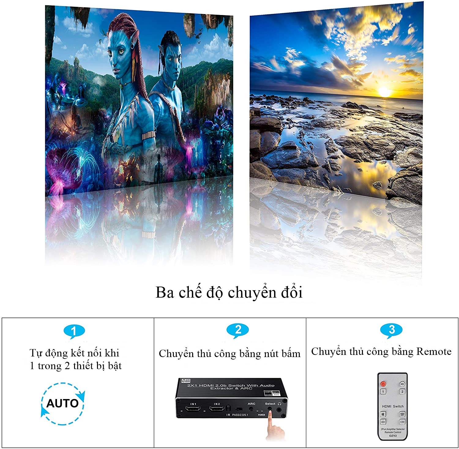 Bộ chia hdmi 2 vào 1 ra 4K@60Hz có Optical + Audio + ARC kết nối Hai nguồn HDMI 2.0 với một thiết bị hiển thị tivi, máy chiếu