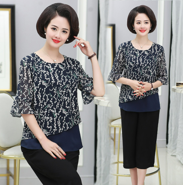 Áo Kiểu Hoa Trung Niên Mềm Đẹp Cho Mẹ SM65 - Hàng Quảng Châu Cao Cấp