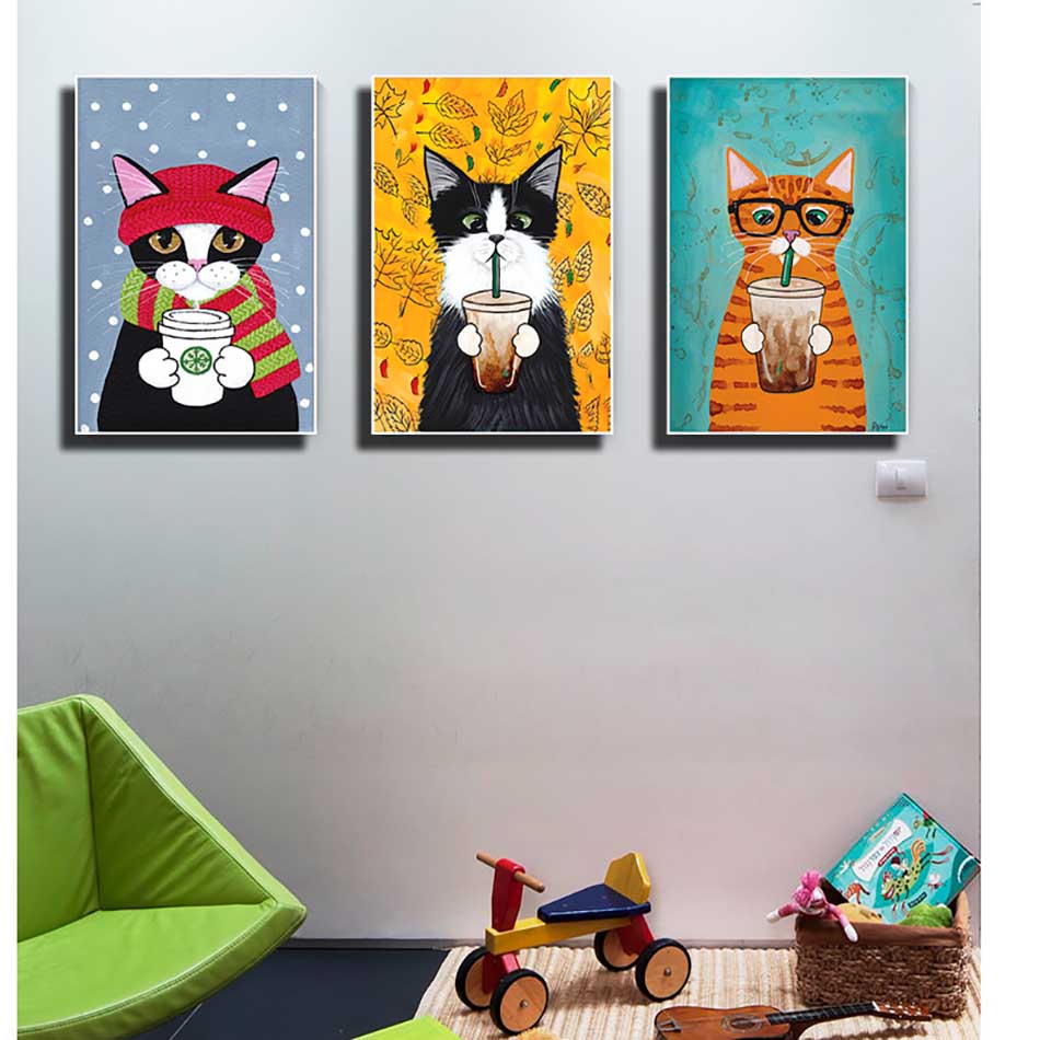Bộ 3 tranh canvas trang trí phòng trẻ em Những chú mèo cute - TTE011