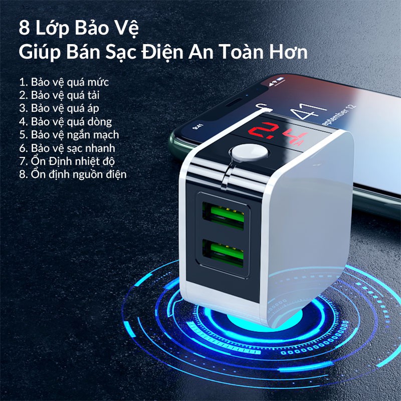 Củ Sạc Nhanh Thông Minh Hoco HK5, Sạc Đầy Pin Tự Động Tắt Nguồn Chống Chai Pin, 2 Cổng Sạc USB 2.4A/5V, Màn Hình Led Hiển Thị Số - Hàng Nhập Khẩu