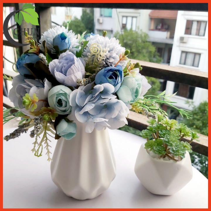 Hoa Giả, Bình Hoa Mix Tông Hồng, Xanh Cao 28cm Trang Trí Nhà Cửa, Cửa Hàng, Văn Phòng, Lớp Học