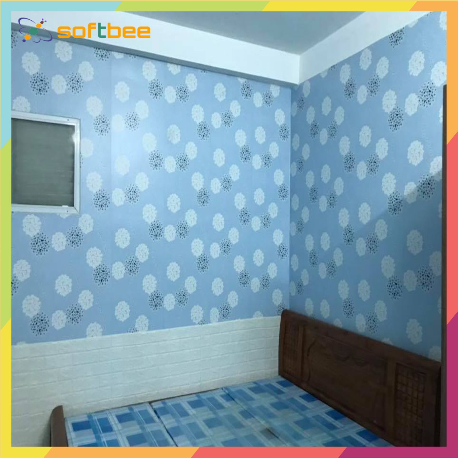 Decal dán tường in hình cẩm tú cầu xanh, kích thước 0.45m x 10m / cuộn, có sẵn keo mặt sau