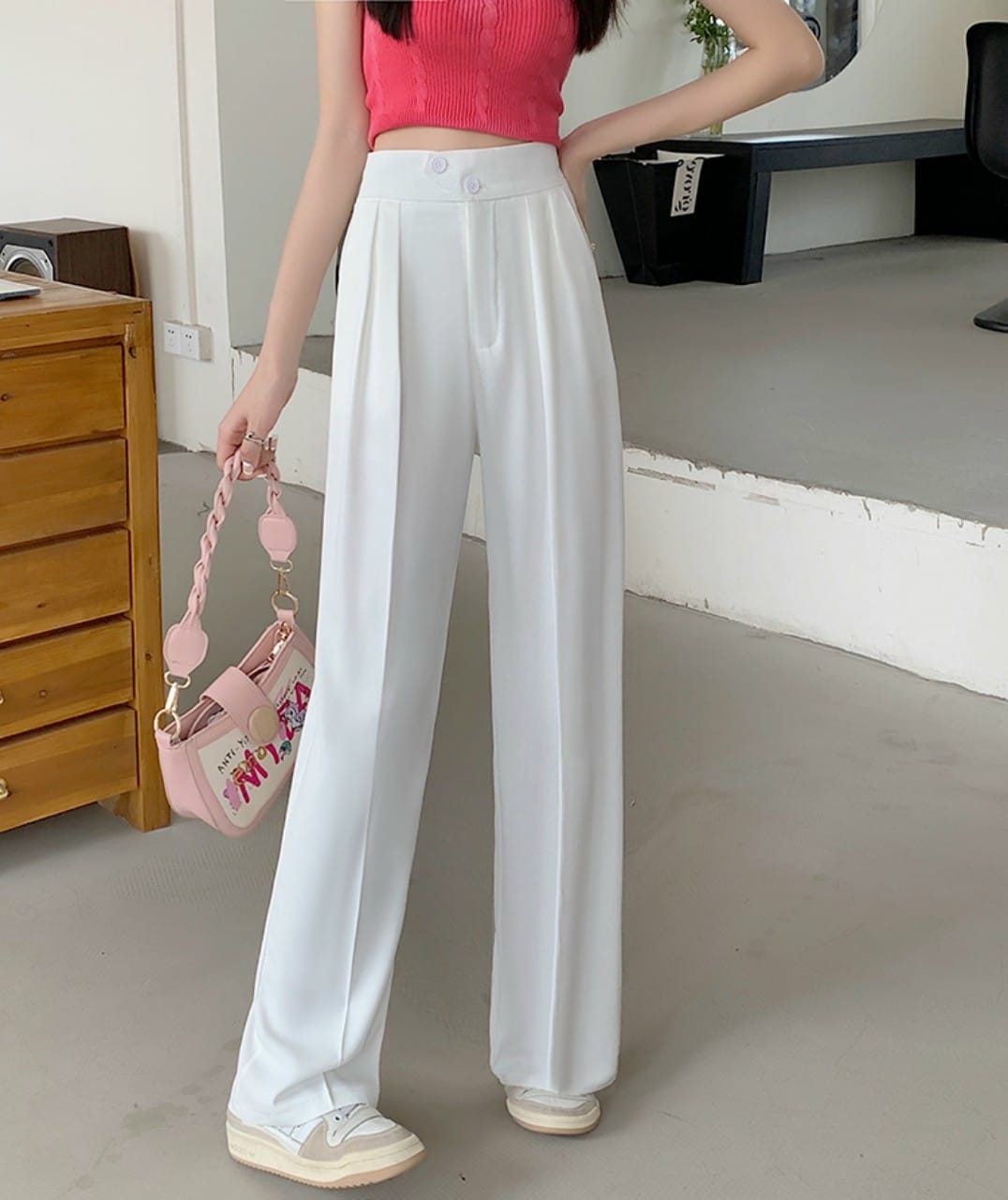 Quần culottes ống rộng suông dài, Quần tây lưng cao 2 cúc xéo chất dày cao cấp