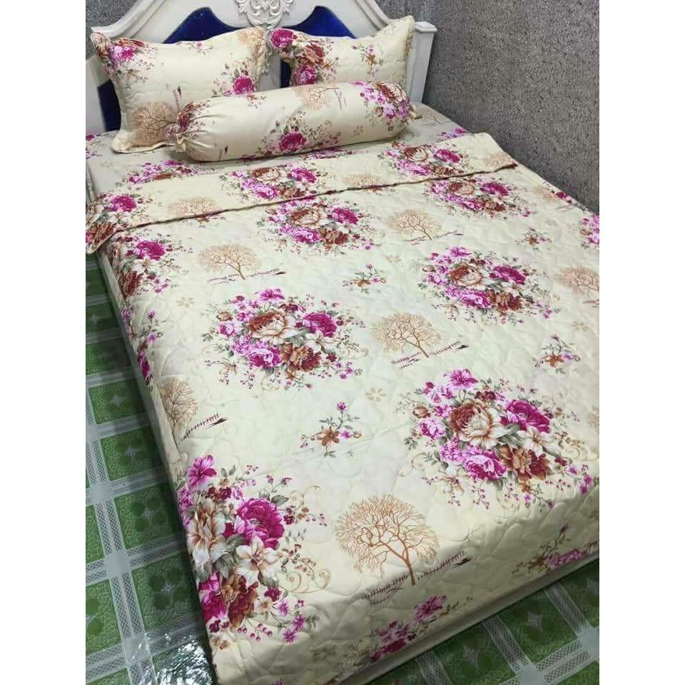 Trọn bộ chăn ra vỏ gối cotton poly 5 món 1m6 2m mẫu hoa hồng