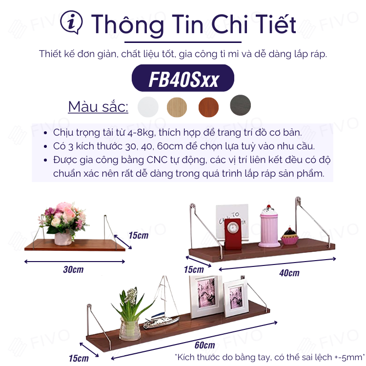 Giá Sách Treo Tường Trang Trí FIVO Mã FB40 Không Cần Khoan Tặng Kèm Đinh 4 Chân Chịu Lực Lên Đến 10KG Với Móc Inox Dễ Dàng Gắn Lên Tường