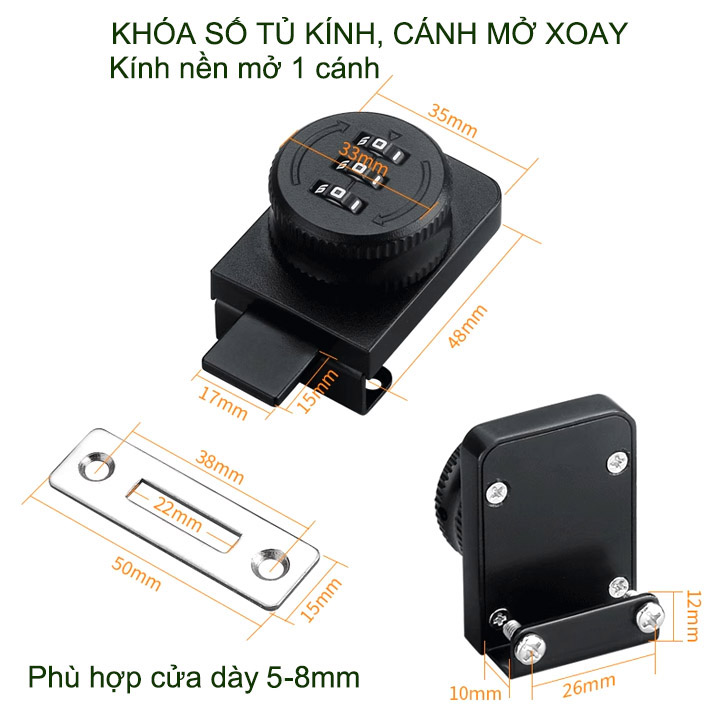 Khóa tủ kính mở bằng 3 mã số có thể thay đổi được, loại 1 hoặc 2 cánh không khung mở xoay