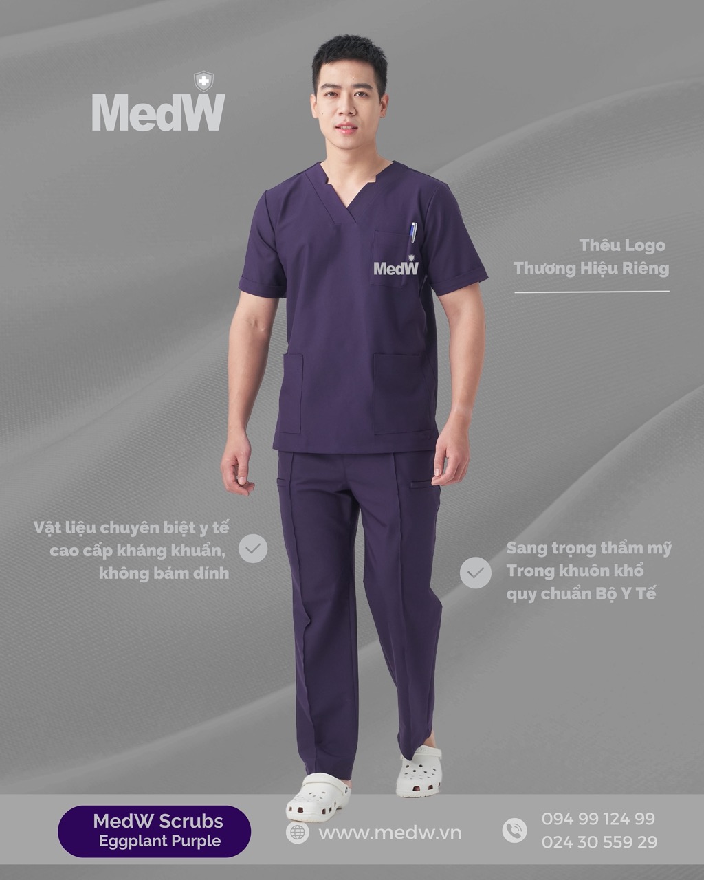 MedW Apollo Scrubs Y Tế Eggplant (Nam) Tím Cà Đậm Bộ Trang Phục Y Tế Bác Sĩ, Điều Dưỡng Phòng Khám Bệnh Viện Thẩm Mỹ Nha KHoa Da Liễu Vật Liệu Y Tế Cotton Xếp Ly Giữ Dáng. Thêu Tên Logo Thương Hiệu