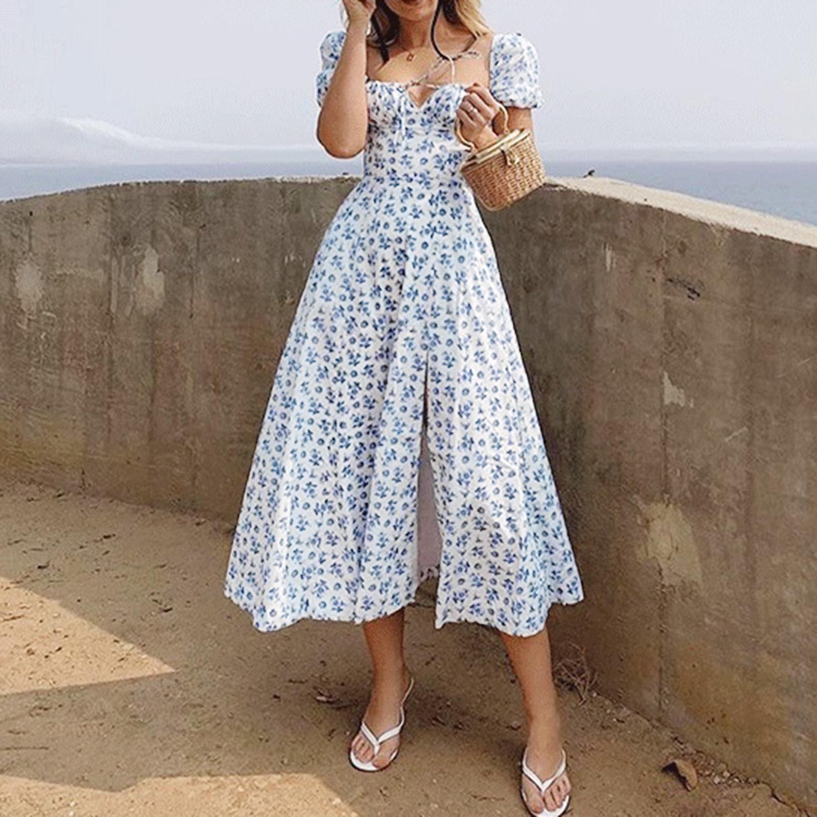 Women Midi Dress Floral Print Puff Sleeve Square Collar Front Drawstring High Split Sexy Bodycon Dress for Beach Party