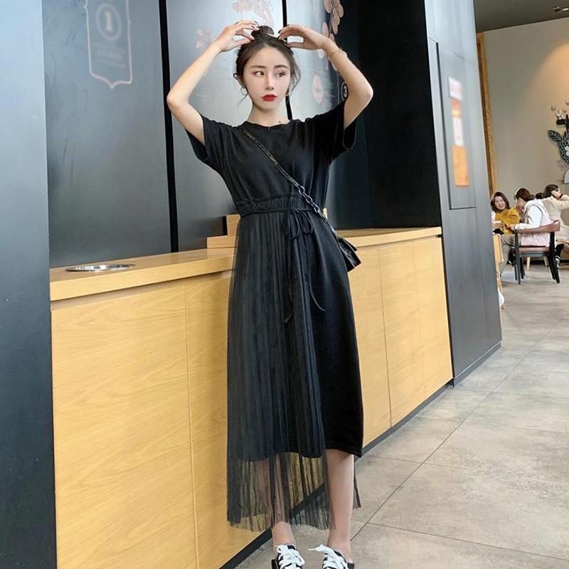 Đầm chữ A cổ tròn tay ngắn phối lưới thiết kế thanh lịch