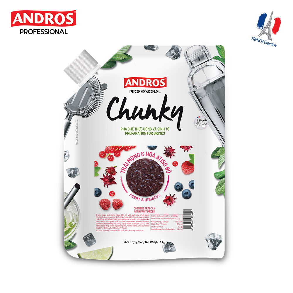 Chunky Trái mọng &amp; Hoa Atiso đỏ Andros - Nguyên liệu pha chế - Mứt trái cây - Túi 1kg