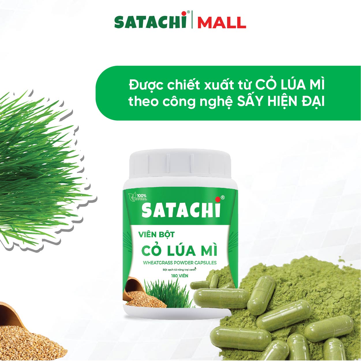 Viên Bột Cỏ Lúa Mì Nguyên Chất SATACHI – 100% Cỏ Lúa Mì Tươi - Dạng Viên Tiện Lợi - Hộp 180 viên