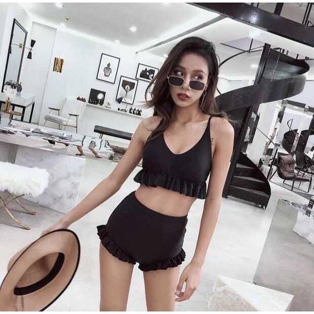 Bikini bộ bơi đồ bơi nữ đi biển yếm quần nhún bèo dễ thương kín đáo (Đỏ và đen) EVA YBN