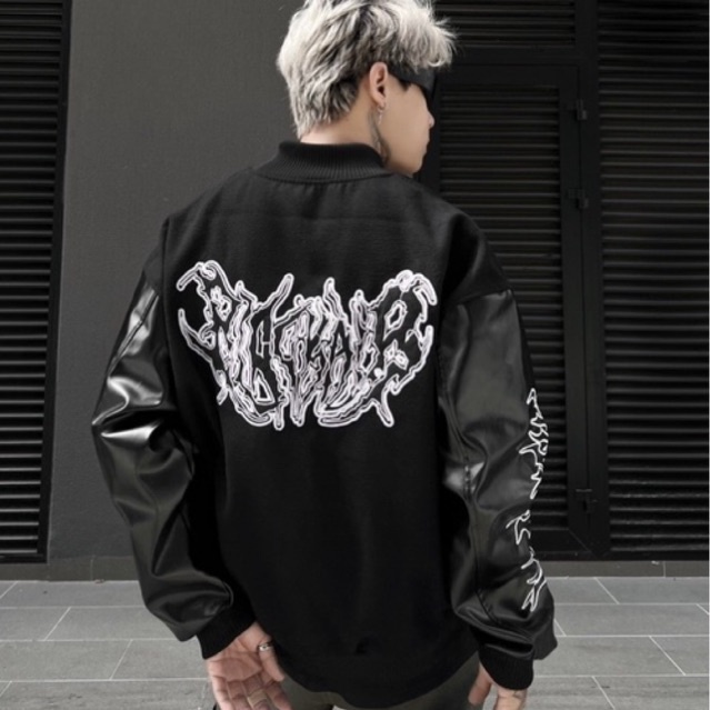 Áo khoác Bomber tay da Black Wide , varsity jacket nam nữ chất dạ 2 lớp , áo khoác bóng chày local brand unisex