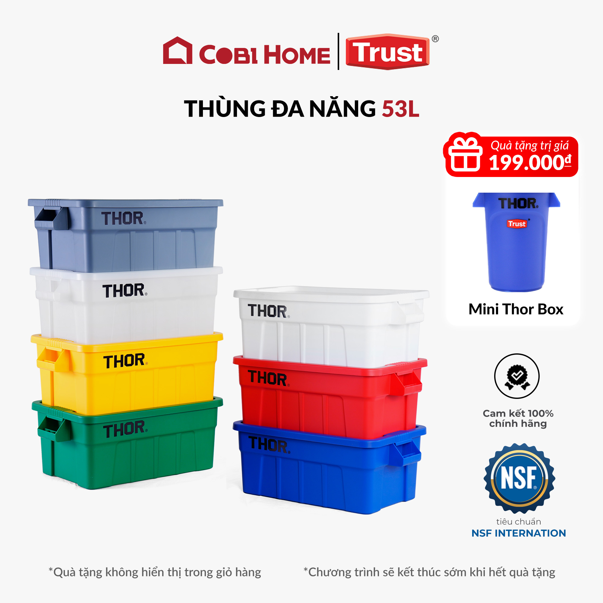 Hộp nhựa đa năng chịu lực Trust dung tích lớn 53L có nắp, nhiều màu