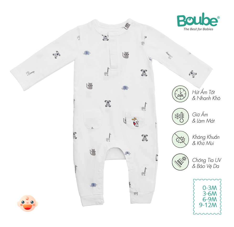 Bộ bodysuit, liền thân cài thẳng dài tay 2 túi họa tiết xinh xắn cho bé Boube, vải Cotton organic thoáng mát- Size 0-12M