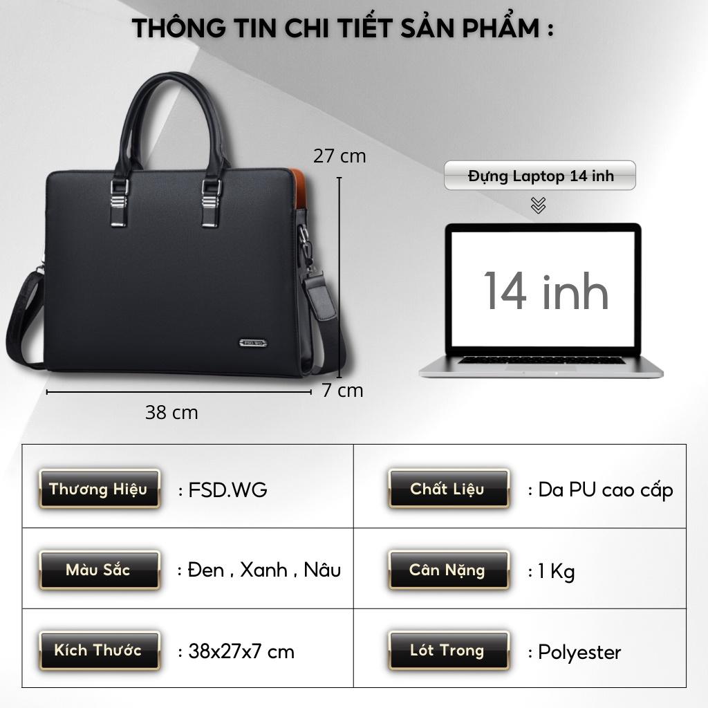 Cặp da công sở, Cặp văn phòng Cao Cấp Fsd.Wg-Chất liệu Da PU cực bền ,Chống nước, Cặp Đựng Laptop 14inh, -