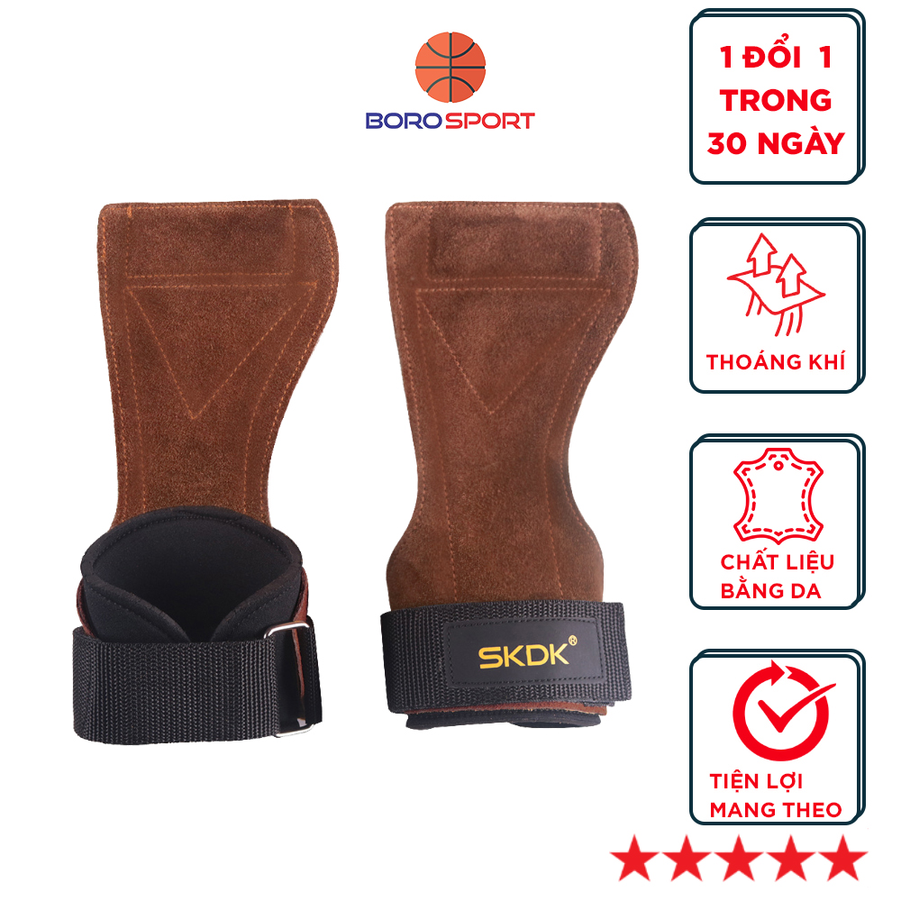 Găng Tay Tập GYM Da Bò Hở Mu Bàn Tay Lifting Grips , Dây Kéo Lưng - Hàng chính hãng BORO SPORT
