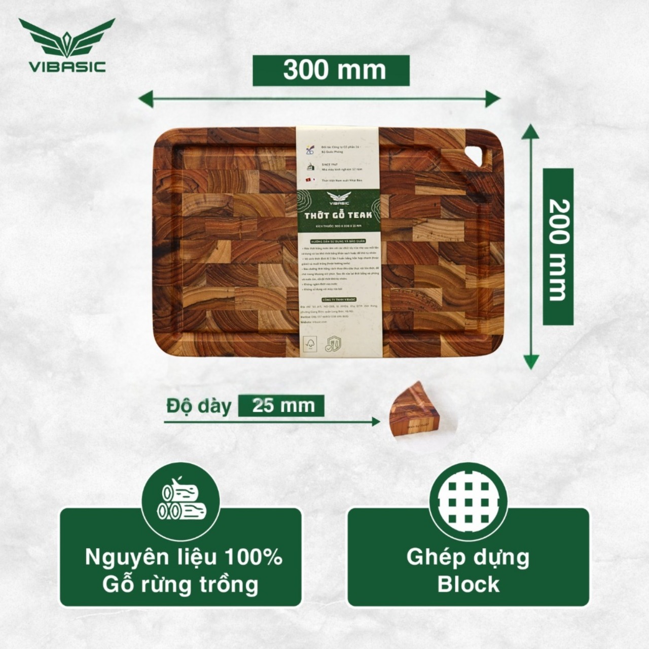 Thớt Gỗ Teak Vibasic ghép dựng block, kích thước 350x250x27mm dùng để cắt thái thực phẩm - Hàng chính hãng Bộ Quốc Phòng