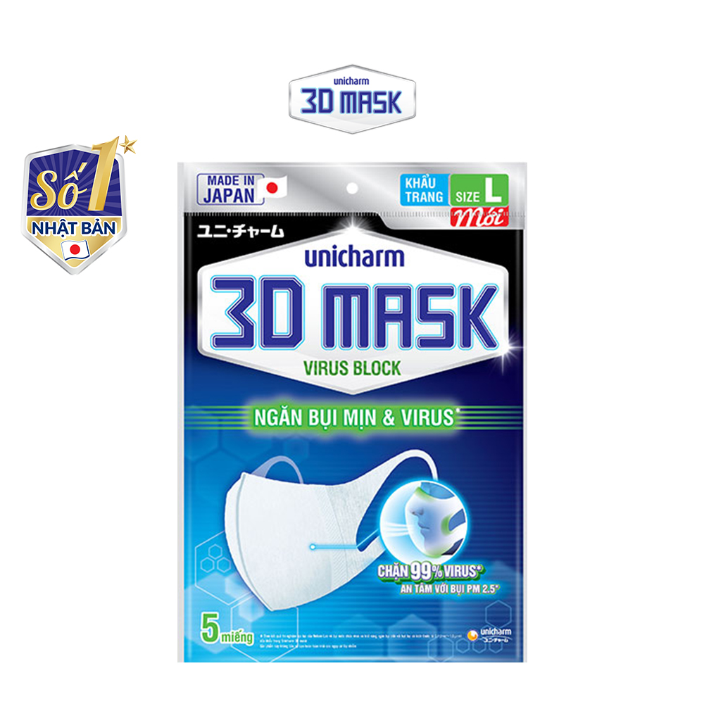 Bộ 6 Khẩu Trang Unicharm 3DMask Virus Block size L gói 5 miếng