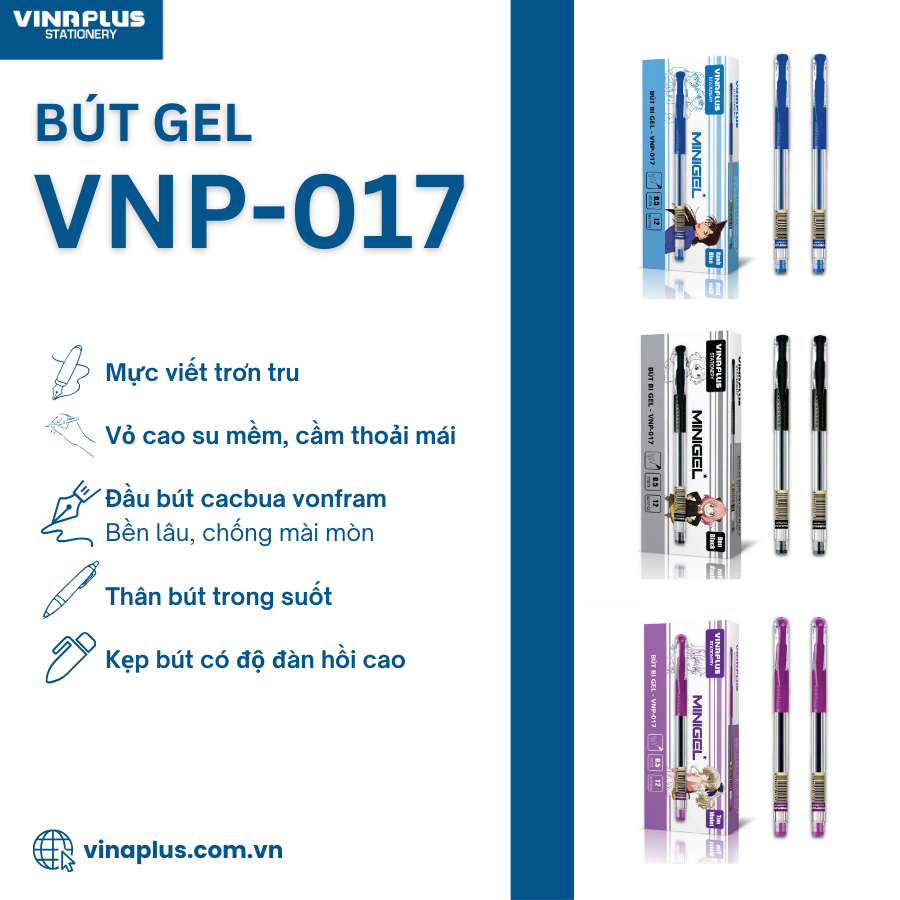 Bút Bi Gel Vinaplus VNP-017 - 0,5mm Màu xanh/ đen/ tím