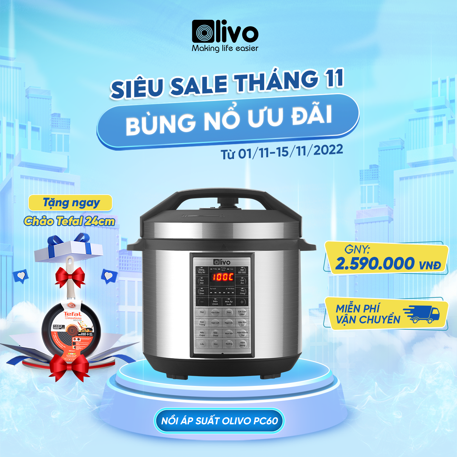 Nồi Áp Suất Điện Đa Năng OLIVO PC60 [Hàng Chính Hãng] 16 Chức Năng - Dung Tích 6L - Công Suất 1000W - Thương Hiệu Mỹ