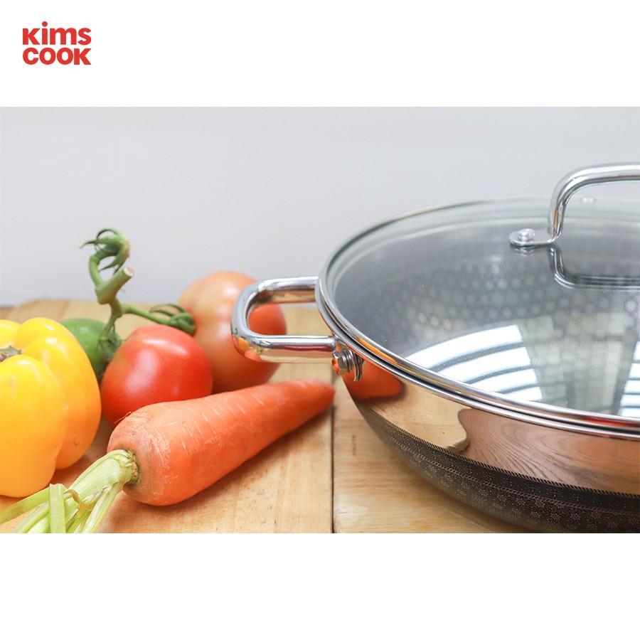 Chảo xào inox 304 cao cấp KimsCook NOONSONG 2 quai 32cm chống dính 2 mặt 3 lớp đúc liền đáy từ nắp kính - tặng 1 sạn inox