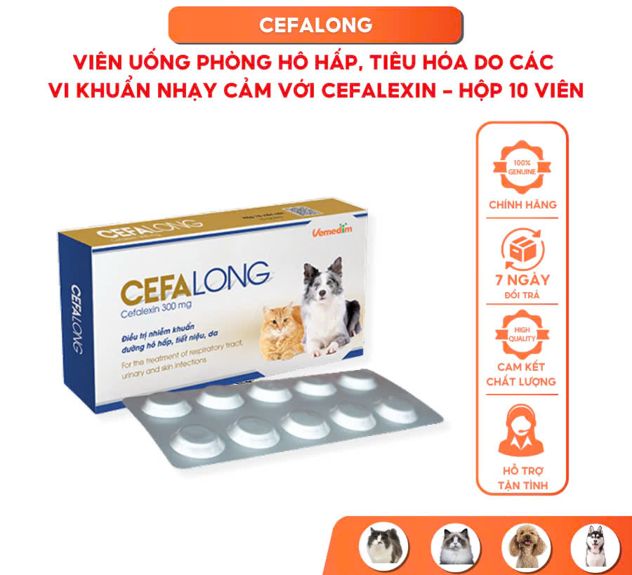 Vemedim Cefalong Viên Uống về Da, Hô Hấp, Tiết Niệu cho Chó Mèo - Hộp 10 viên