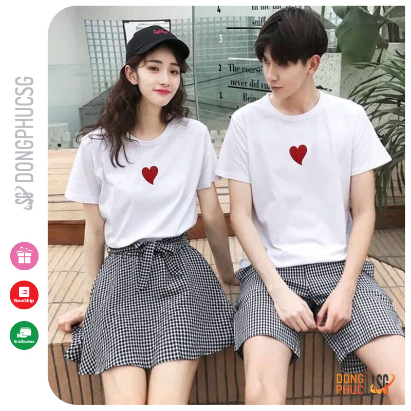 Áo thun cặp đôi nam nữ mẫu trái tim phông unisex thun mềm mịn cổ tròn tay ngắn màu trắng AC105T | SG