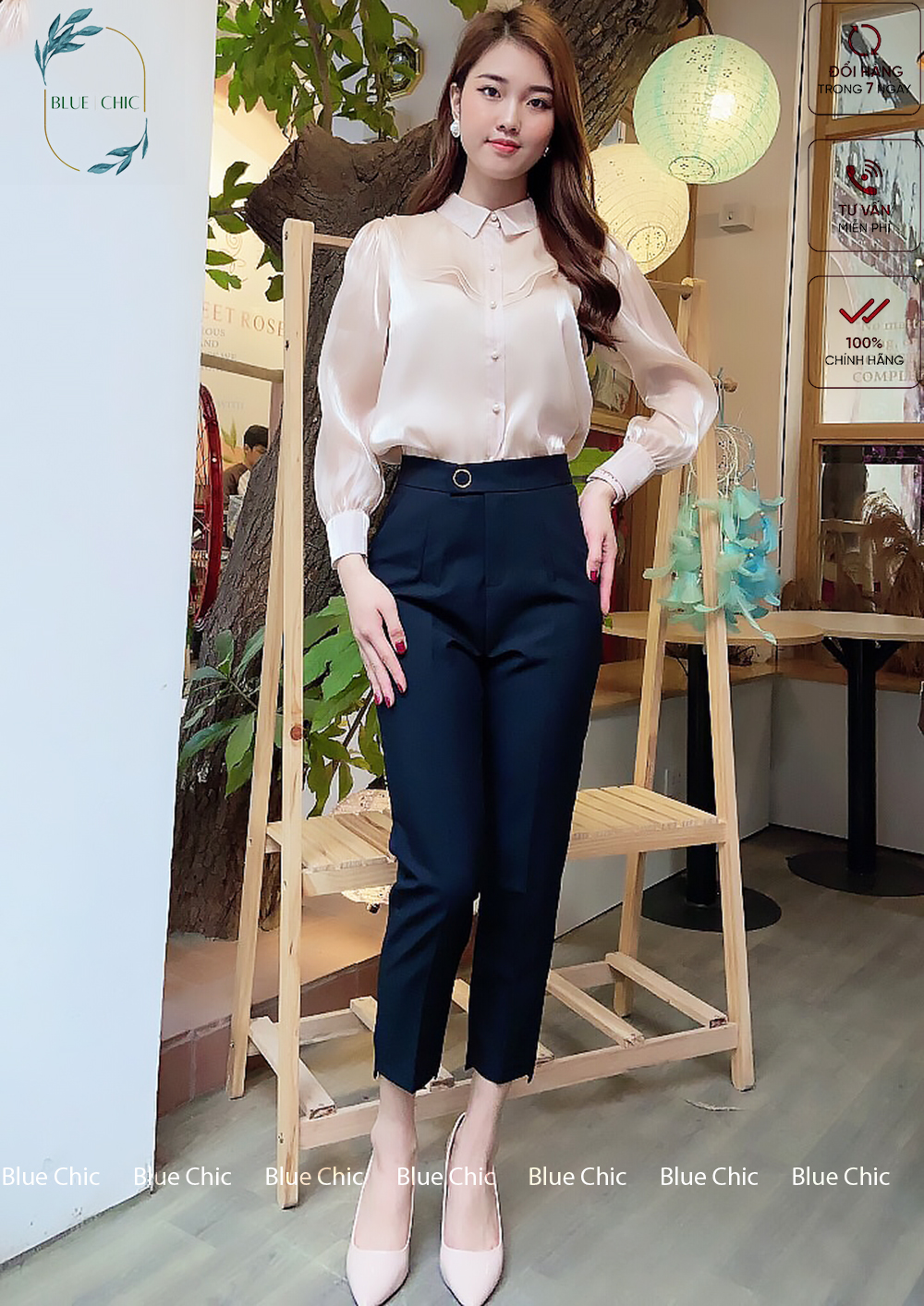 Quần baggy nữ Blue Chic đai tròn đẹp cúc bấm lệch gấu đồ công sở form dáng chuẩn chất vải cao cấp