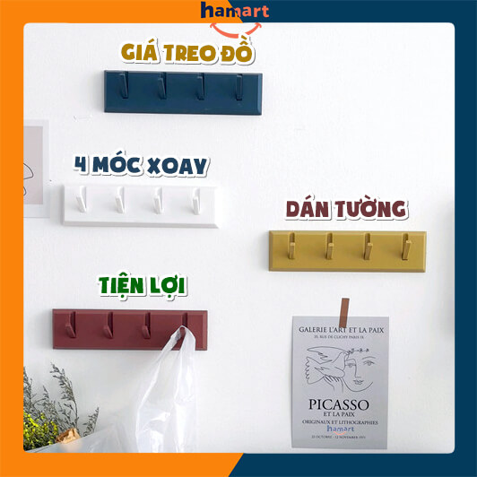 Thanh Treo Đồ Dán Tường 4 Móc Xoay Hamart Giá Treo Đồ Dính Tường Đa Năng Tiện Lợi 4 MÀU