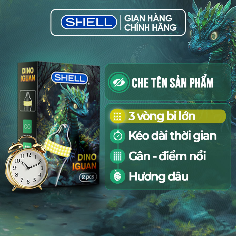 Bao cao su Shell Dino Iguan - 1 bao 2 vòng bi siêu lớn + 1 bao Shell Performax (Hộp 2 cái) | SHELL CHÍNH HÃNG