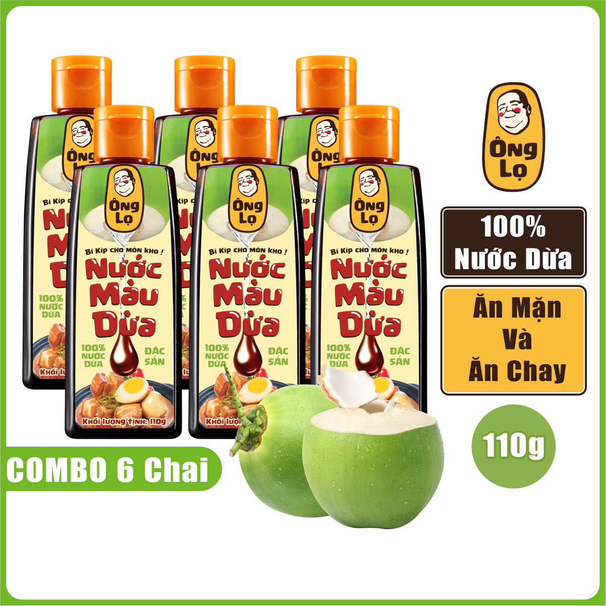 1 Lốc 6 Chai 110g Nước Màu Dừa Ông Lọ 100% Nước Dừa, Dùng Cho Đồ Mặn Và Đồ Chay