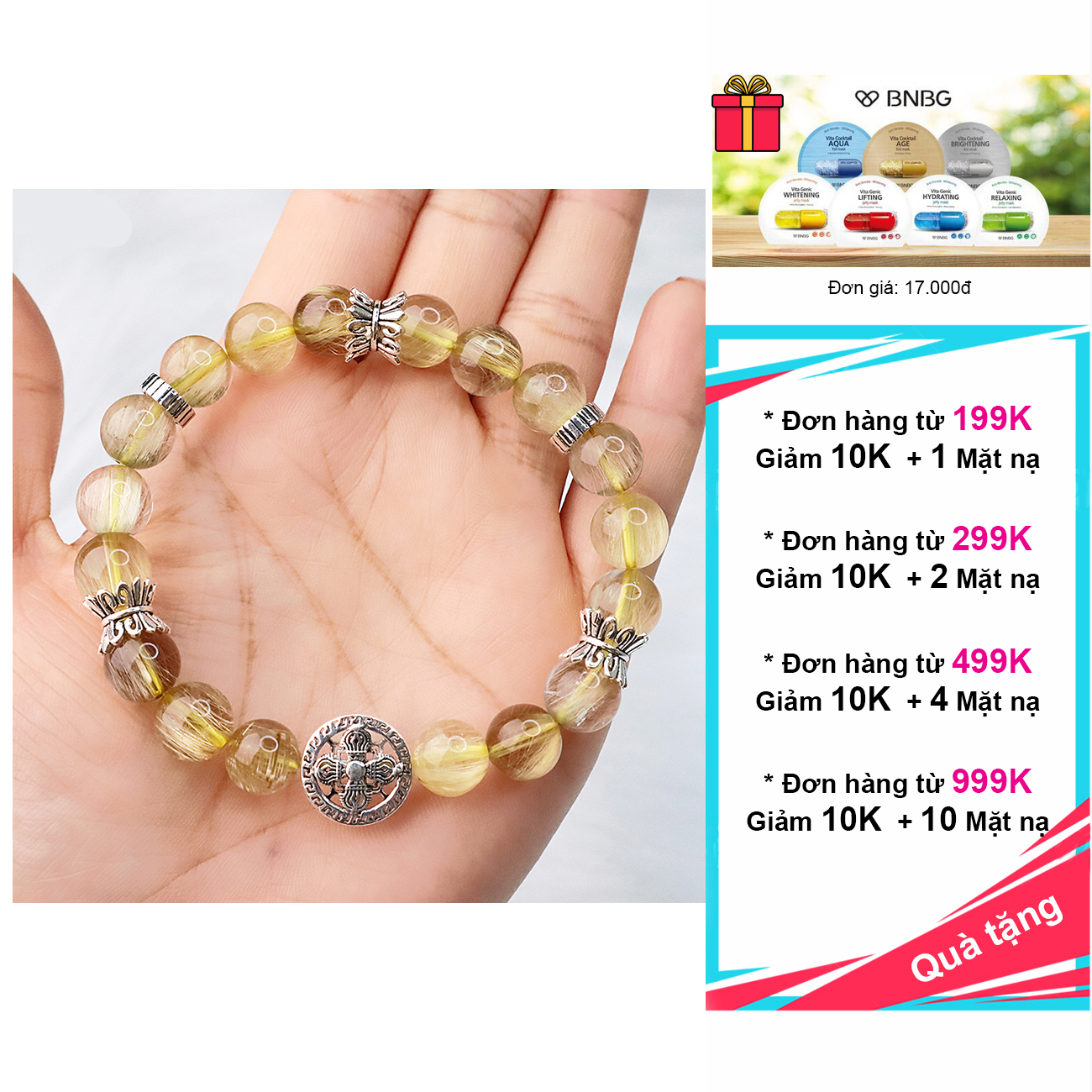Vòng đá thạch anh tóc vàng 9mm 6A VIP mix charm bạc 925 cao cấp