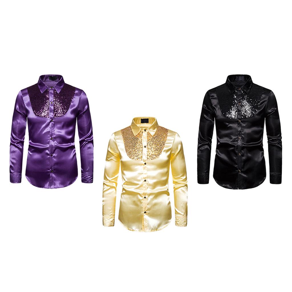 Mens Fashion Button Down Shirts Long Sleeve Sequins Tops Shirt M