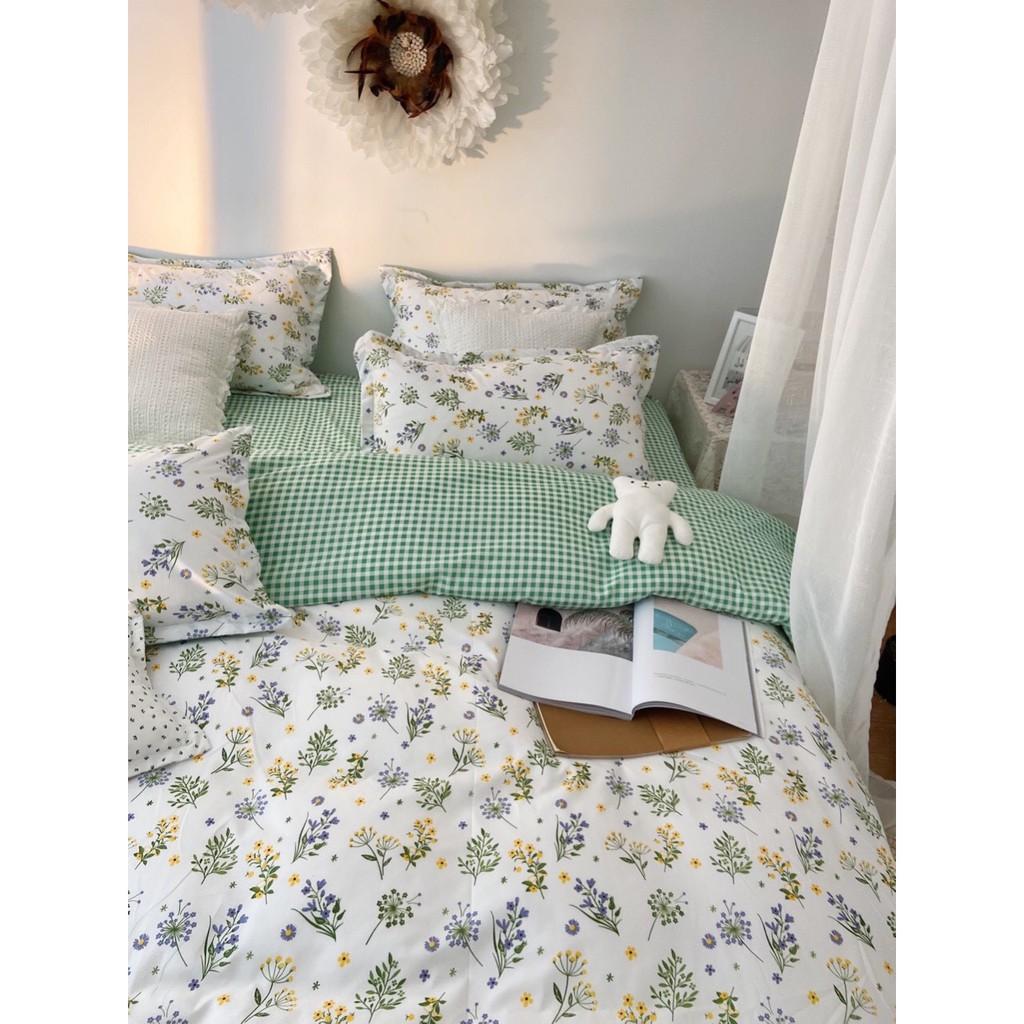 Bộ chăn ga gối Cotton poly M2T Bedding Hoa nhí phối xanh lá, vỏ chăn mền, drap nệm và 2 vỏ gối