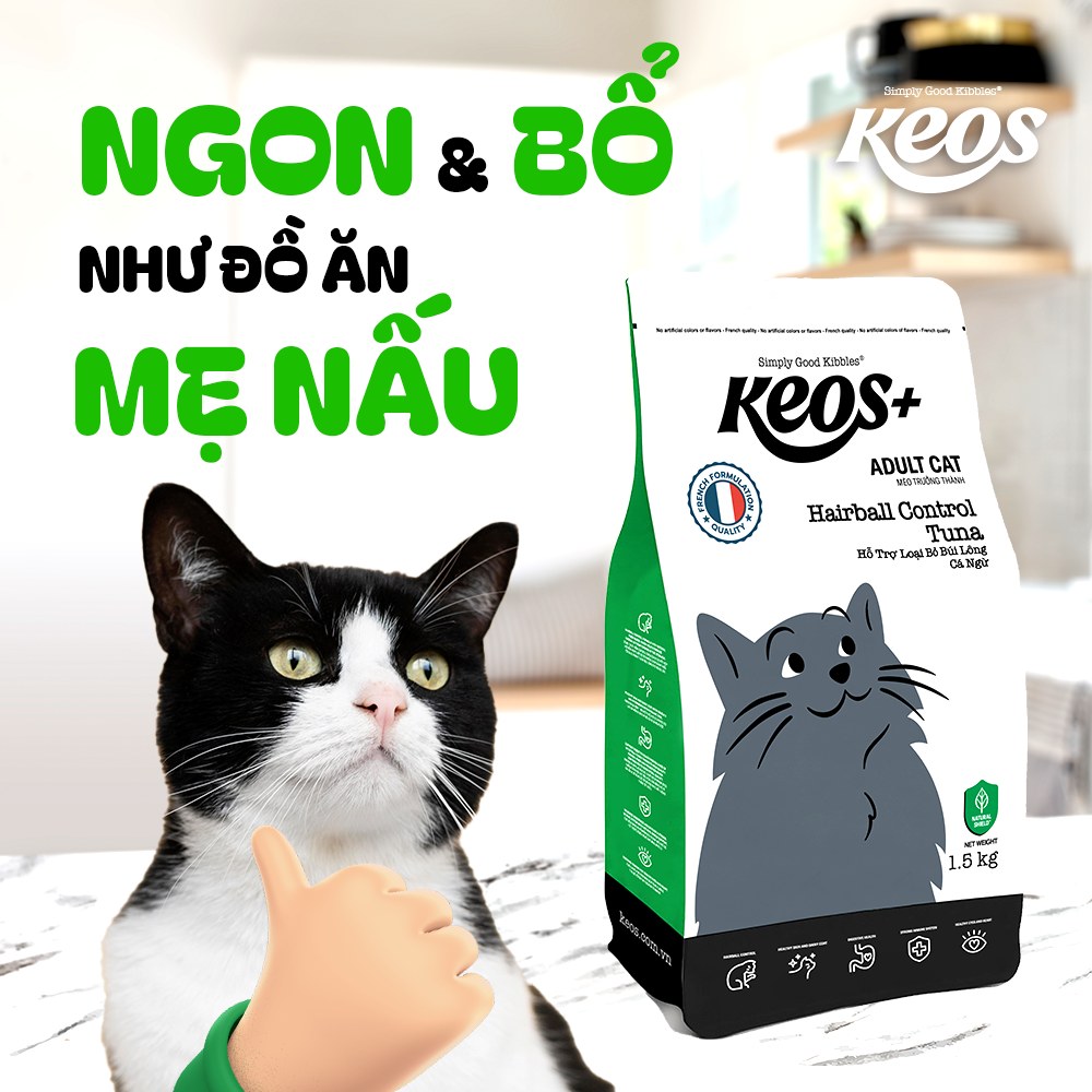 9KG Thức ăn cho mèo trưởng thành Keos Plus hỗ trợ LOẠI BỎ BÚI LÔNG - Vị cá ngừ