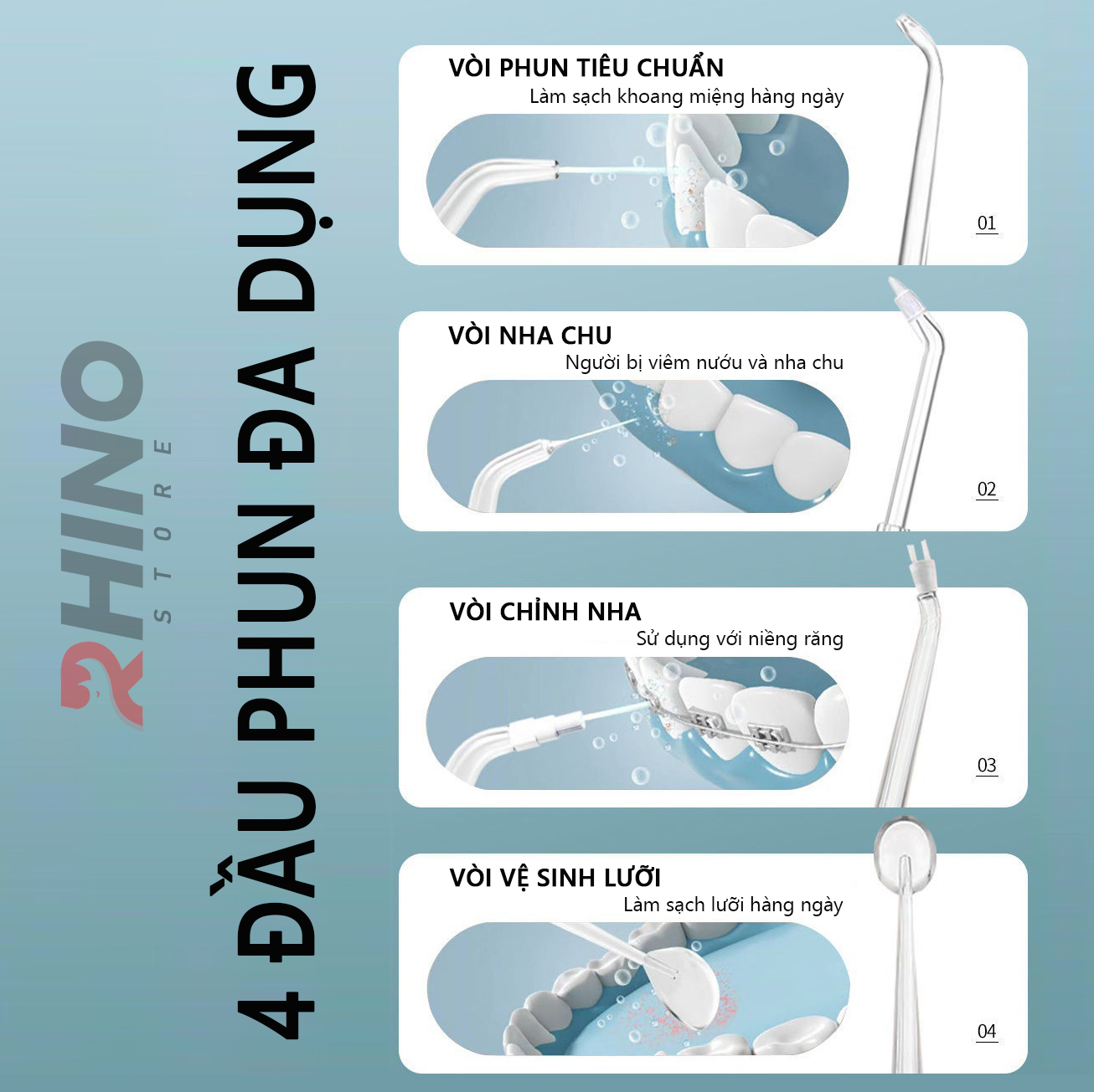 Máy tăm nước rửa răng thông minh Rhino T101 220ml xịt nước chăm sóc răng miệng cầm tay, 3 chế độ có thể sạc - Hàng chính hãng