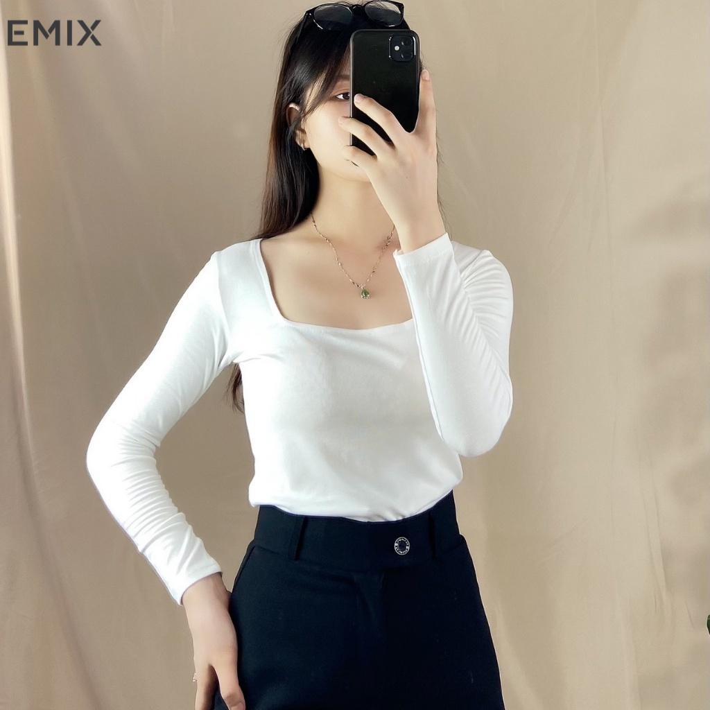 Áo nữ kiểu croptop EMIX (2 màu), dài tay, cổ vuông, tôn eo, thun len tăm co giãn 4 chiều, mềm mại, dày dặn, không lộ