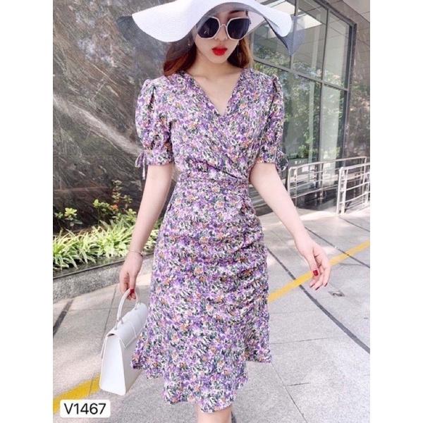 Váy đầm hoa họa tiết sang chảnh bộ đuôi cá tím - váy hoa dáng xòe tôn dáng