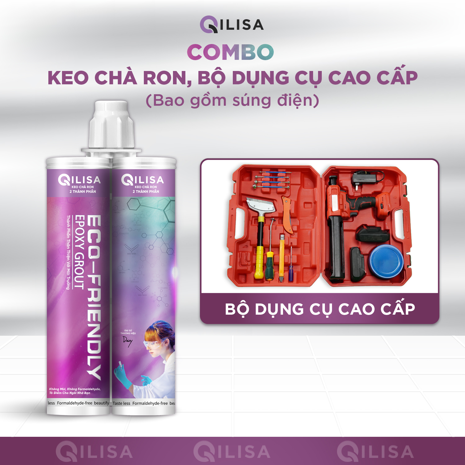 Hình ảnh Combo Keo Chà Ron Qilisa và Bộ Dụng Cụ Thi Công Keo Cao Cấp ( BAO GỒM SÚNG BƠM KEO ĐIỆN )