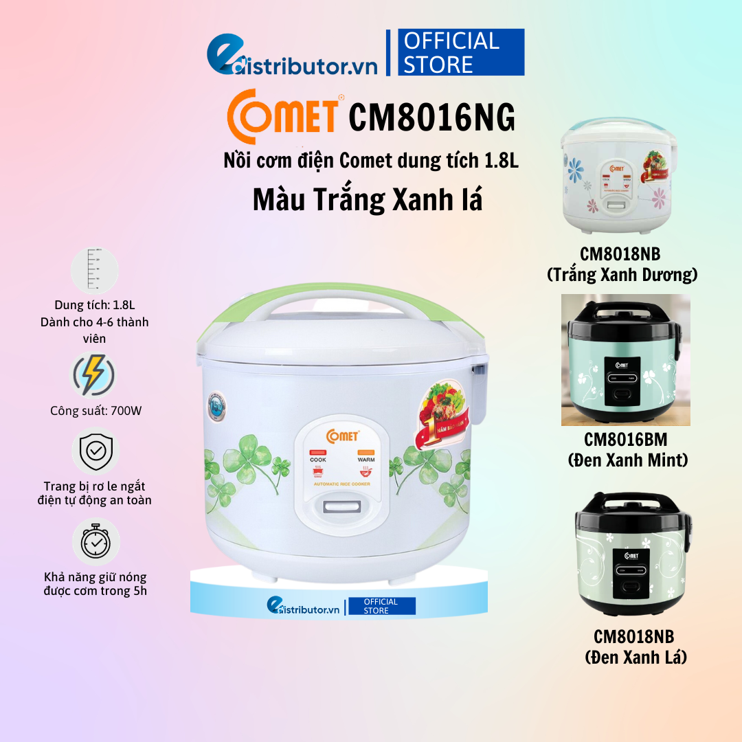 Nồi cơm điện nắp gài 1.8L COMET - CM8016 - Hàng Chính Hãng - Bảo Hành12 tháng