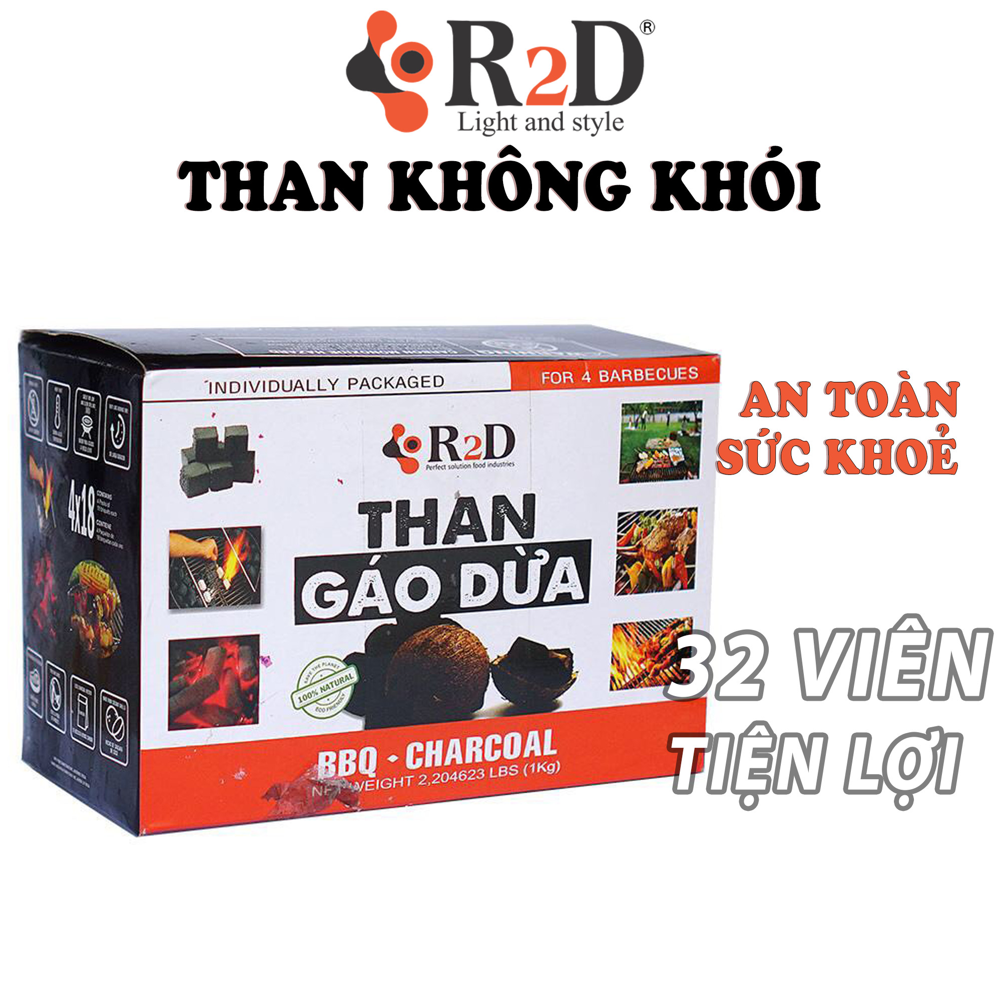 Than nướng BBQ không khói từ gáo dừa thiên nhiên chính hãng R2D hộp 1Kg