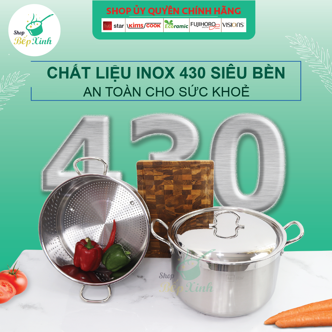 Bộ xửng hấp 3 đáy từ inox 430 Fivestar standard nắp inox 32cm