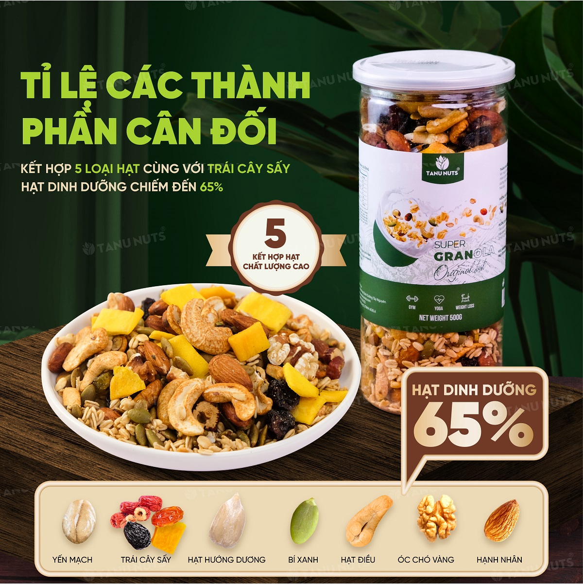 Granola siêu hạt 15% yến mạch TANU NUTS, ngũ cốc ăn kiêng giảm cân không đường tốt cho gym, yoga